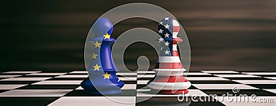 USA and European Union flags on chess pawns on a chessboard. 3d illustration Cartoon Illustration