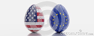 USA and EU relation. European and American Flag on broken cracked eggs isolated on white. 3d render Stock Photo