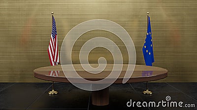 USA and Europe flags. USA and Europe flag. USA and Europe negotiations. Round table talks. 3D work and 3D image Stock Photo