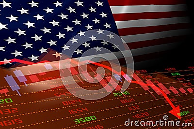 USA Flag and Economic Downturn With Stock Exchange Market Indicators in Red Stock Photo