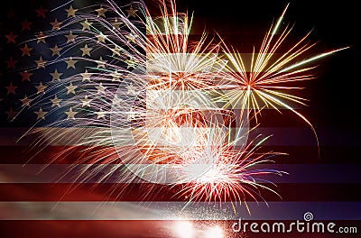 USA Flag with Fireworks Stock Photo