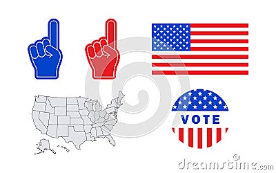 USA flag, foam fingers, vote sign and USA map. Vector scalable graphics Stock Photo