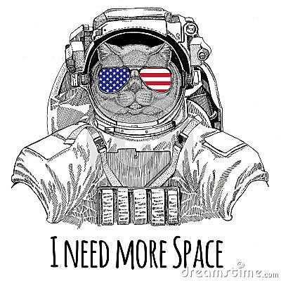 Usa flag glasses American flag United states flag Brithish noble cat Male wearing space suit Wild animal astronaut Cartoon Illustration