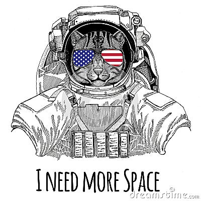 Usa flag glasses American flag United states flag Wild cat Fishing cat wearing space suit Wild animal astronaut Spaceman Cartoon Illustration