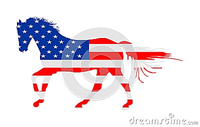 USA flag over elegant racing horse in gallop vector illustration isolated on white. Hippodrome entertainment and gambling sport. Vector Illustration