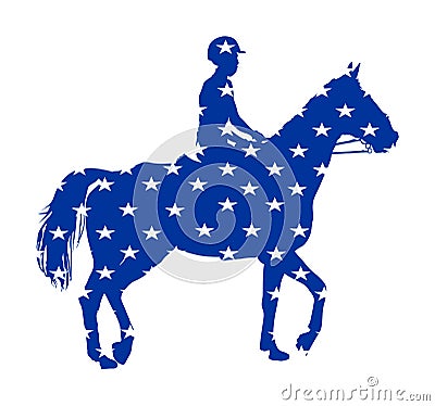 USA flag over elegant racing horse in gallop vector illustration isolated on white. Hippodrome entertainment and gambling sport. Cartoon Illustration