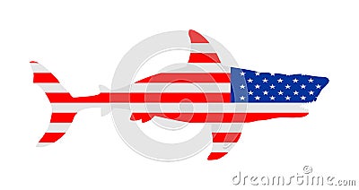 USA flag over Shark vector silhouette isolated on white. Sea predator. Danger on beach alert. Open jaws beast. Fear for divers. Stock Photo