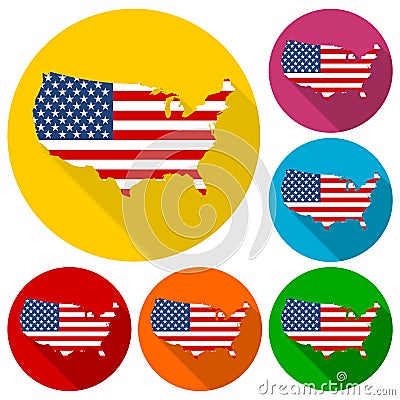 USA flag, Shape of american map icons set with long shadow Vector Illustration