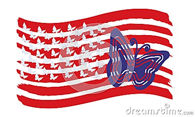 USA flag. Silhouettes of butterflies on the red stripes of the USA flag. Vector Illustration