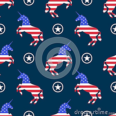USA flag Unicorns patriotic seamless pattern Vector Illustration