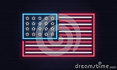 USA flag. United States of America flag neon sign. USA logo, emblem. Fourth of July neon poster. Light banner. Vector illustration Vector Illustration