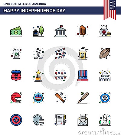 25 USA Flat Filled Line Signs Independence Day Celebration Symbols of bag; ice cream; bank; food; cold Vector Illustration