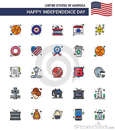 25 USA Flat Filled Line Signs Independence Day Celebration Symbols of donut; police; sticks; military; day Vector Illustration