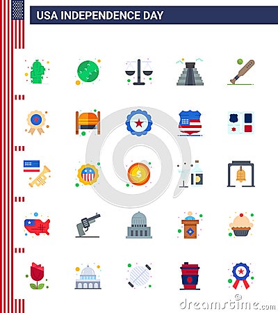 25 USA Flat Pack of Independence Day Signs and Symbols of baseball; usa; court; american; building Vector Illustration