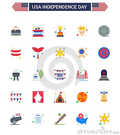 25 USA Flat Signs Independence Day Celebration Symbols of food; video; award; play; thanksgiving Vector Illustration