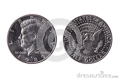 USA half dollar nickel coin 50 cents dated 1989 with an image of President John Kennedy Stock Photo