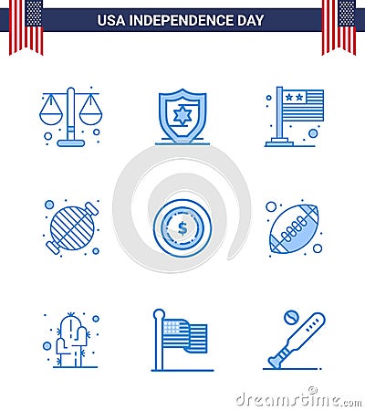USA Happy Independence DayPictogram Set of 9 Simple Blues of dollar; party; flag; grill; barbecue Vector Illustration