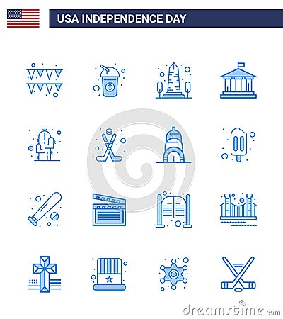 USA Happy Independence DayPictogram Set of 16 Simple Blues of flower; usa; monument; american; bank Vector Illustration