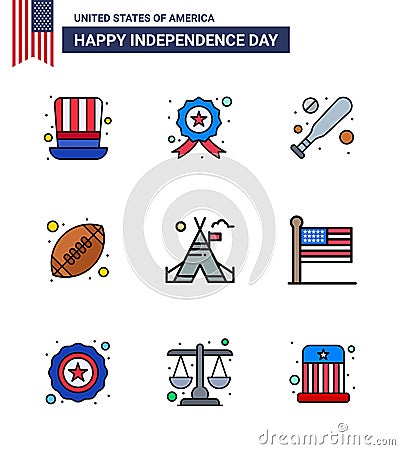 USA Happy Independence DayPictogram Set of 9 Simple Flat Filled Lines of camp; tent free; baseball; american ball; rugby Vector Illustration