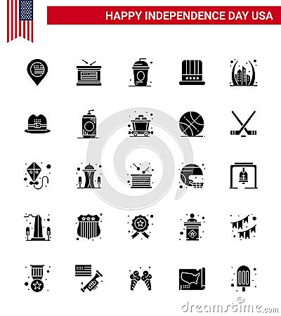 USA Happy Independence DayPictogram Set of 25 Simple Solid Glyph of arch; american; cake; cap; independece Vector Illustration