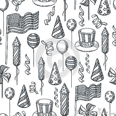 USA holiday seamless pattern. Vector sketch illustration. Black white background. Celebration 4 of July Independence Day Vector Illustration