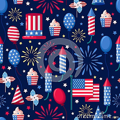 USA holiday seamless white pattern. Vector print background. American national symbols, celebration Independence Day Vector Illustration