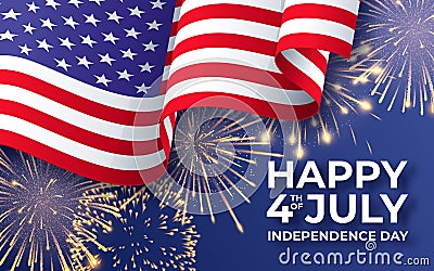 USA Independence day. Banner with waving American national flag and fireworks. 4th of July poster template Vector Illustration