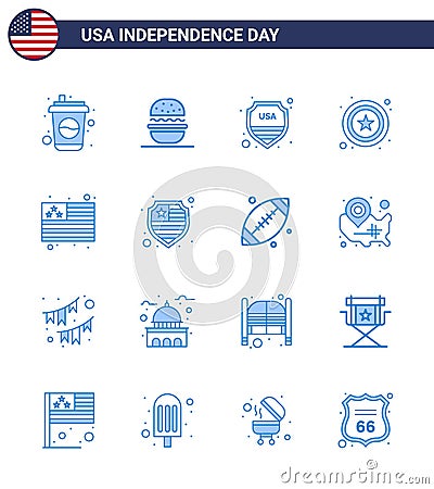 USA Independence Day Blue Set of 16 USA Pictograms of usa; country; security; sign; police Vector Illustration