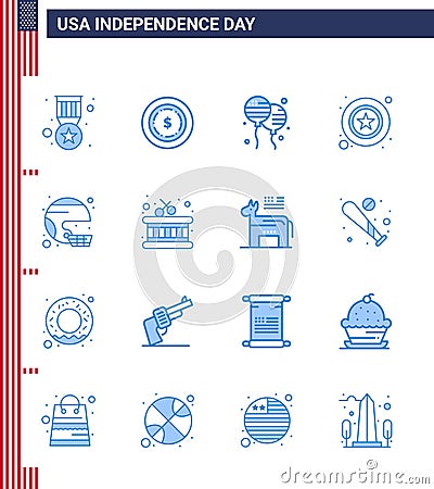 USA Independence Day Blue Set of 16 USA Pictograms of helmet; american; bloons; sign; police Vector Illustration