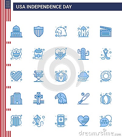 USA Independence Day Blue Set of 25 USA Pictograms of video; american; animal; space; landmark Vector Illustration