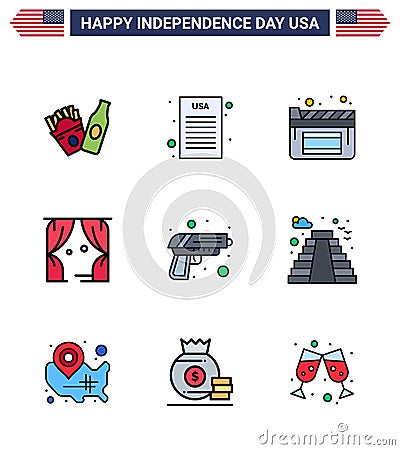 USA Independence Day Flat Filled Line Set of 9 USA Pictograms of american; army; film; security; usa Vector Illustration