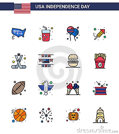 USA Independence Day Flat Filled Line Set of 16 USA Pictograms of ice hockey; day; bloon; festival; fire work Vector Illustration
