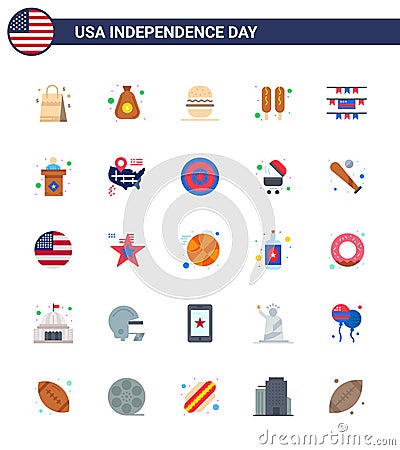 USA Independence Day Flat Set of 25 USA Pictograms of american; buntings; burger; food; corn dog Vector Illustration