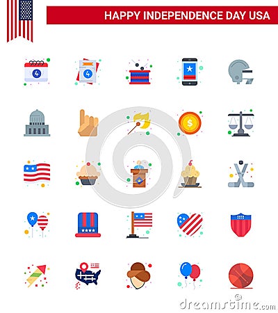 USA Independence Day Flat Set of 25 USA Pictograms of phone; smart phone; day; star; independence Vector Illustration