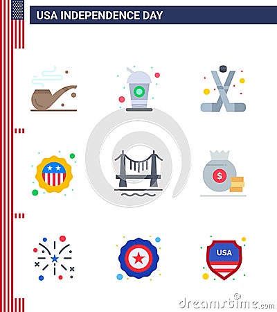 USA Independence Day Flat Set of 9 USA Pictograms of building; flag; ice hockey; badge; american Vector Illustration