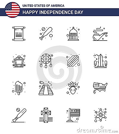 USA Independence Day Line Set of 16 USA Pictograms of adornment; mine; indianapolis; cart; smoke Vector Illustration