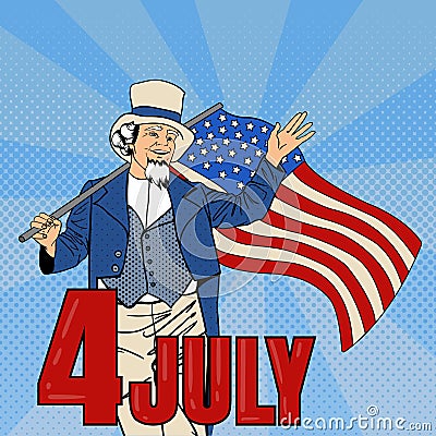 USA Independence Day. Senior Man with American Flag. Pop Art. Vector Illustration