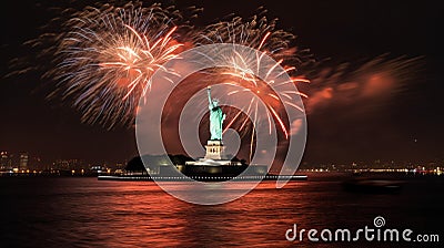 USA Independence Day 4th July, Statue of Liberty at night with fireworks on the background. AI generated. Stock Photo