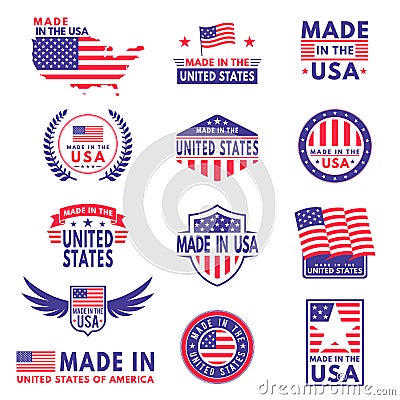 Usa labels. Flag made america american states flags label badge stamp star patriot stripe ribbon emblem sticker banner Vector Illustration