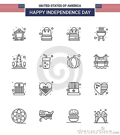 16 USA Line Pack of Independence Day Signs and Symbols of juice; alcohol; bbq; washington; sight Vector Illustration