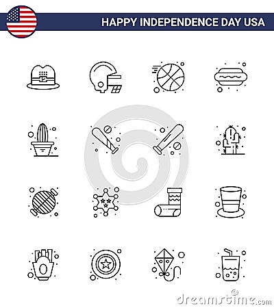 16 USA Line Signs Independence Day Celebration Symbols of ball; plant; sports; flower; hot i Vector Illustration