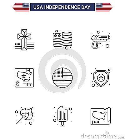 Pack of 9 USA Independence Day Celebration Lines Signs and 4th July Symbols such as usa; flag; army; american; map Vector Illustration