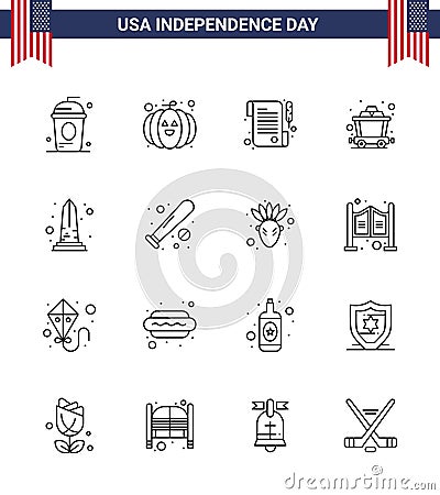 16 USA Line Signs Independence Day Celebration Symbols of usa; monument; paper; landmark; mine Vector Illustration