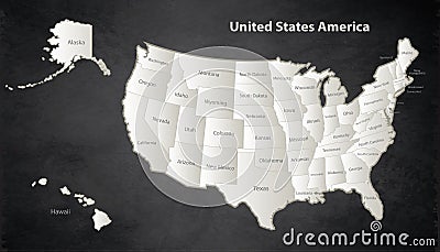 USA map with Alaska and Hawaii map Black White separate individual blackboard Vector Illustration