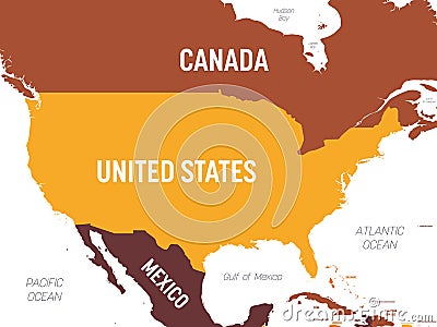 USA map - brown orange hue colored on dark background. High detailed political map United States of America and Vector Illustration