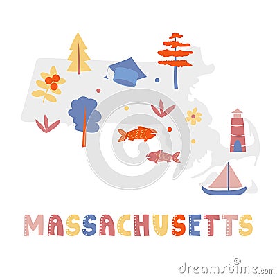 USA map collection. State symbols on gray state silhouette - Massachusetts Vector Illustration