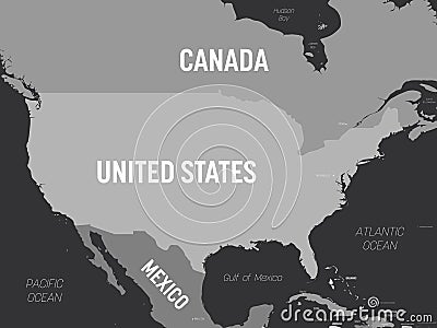 USA map - grey colored on dark background. High detailed political map United States of America and neighboring Vector Illustration