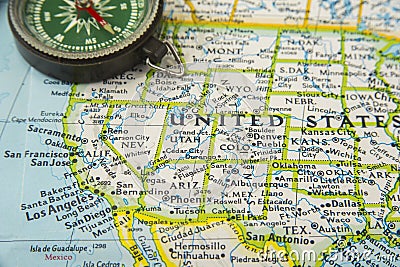 USA map with pencil pointing on various us city. Stock Photo