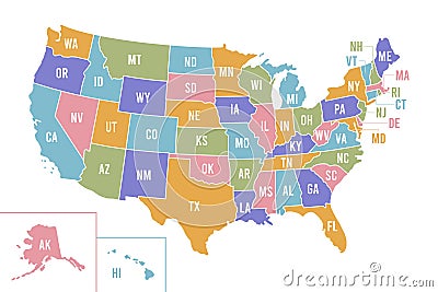 USA map with abbreviated state names. United States of America cartography with colored states. Vector Vector Illustration