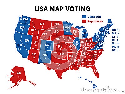 Usa map voting. Presidential election map each state american electoral votes showing republicans or democrats political Vector Illustration